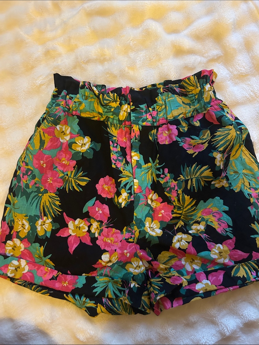 Express Black Floral High-Rise Shorts with Pink & Green Bloom